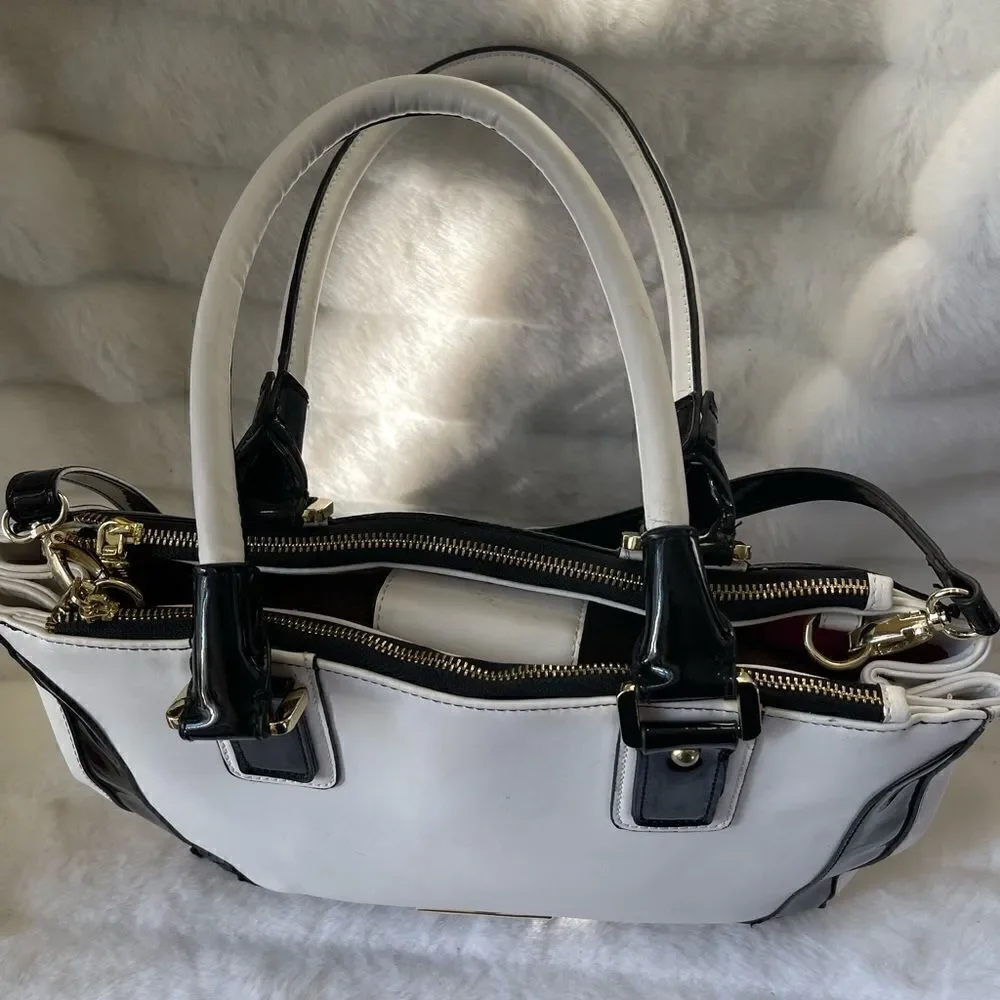 Anne Klein large black and white color block Satchel with gold tone hardwares.